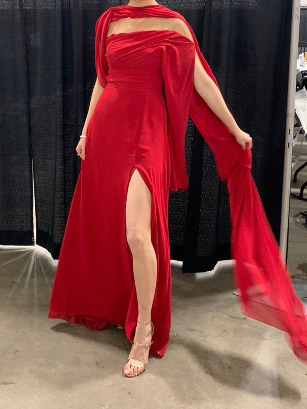 Red Evening Gown with Sheer Cape